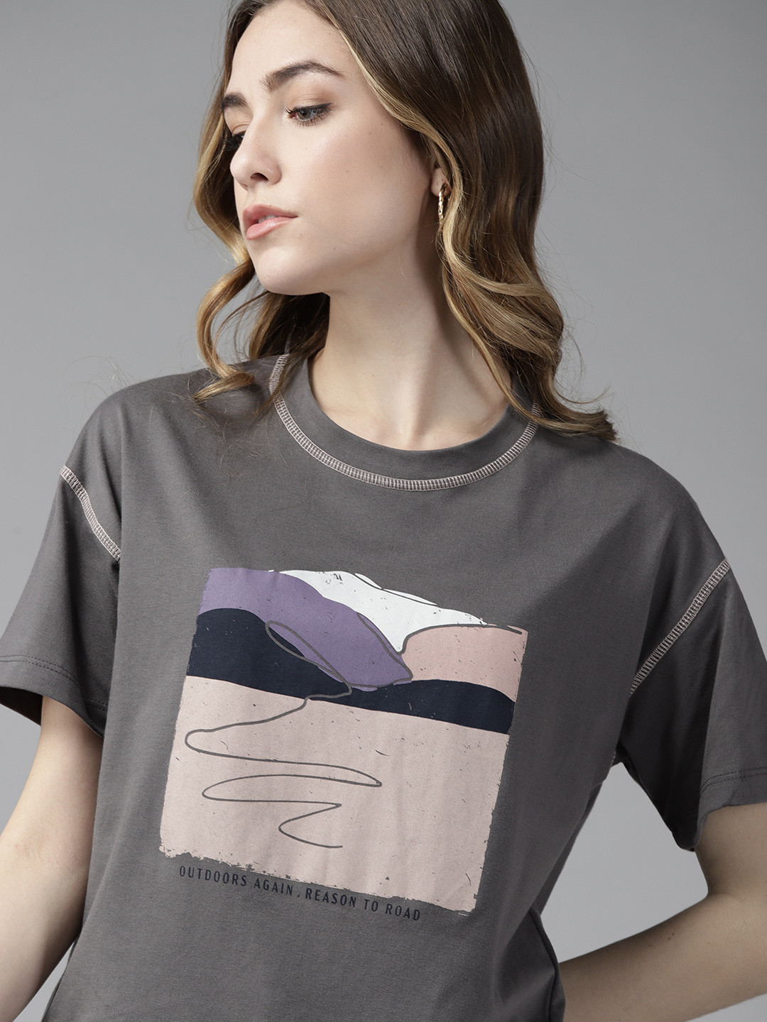 

Roadster Women Charcoal Grey Boxy Fit Printed T-shirt