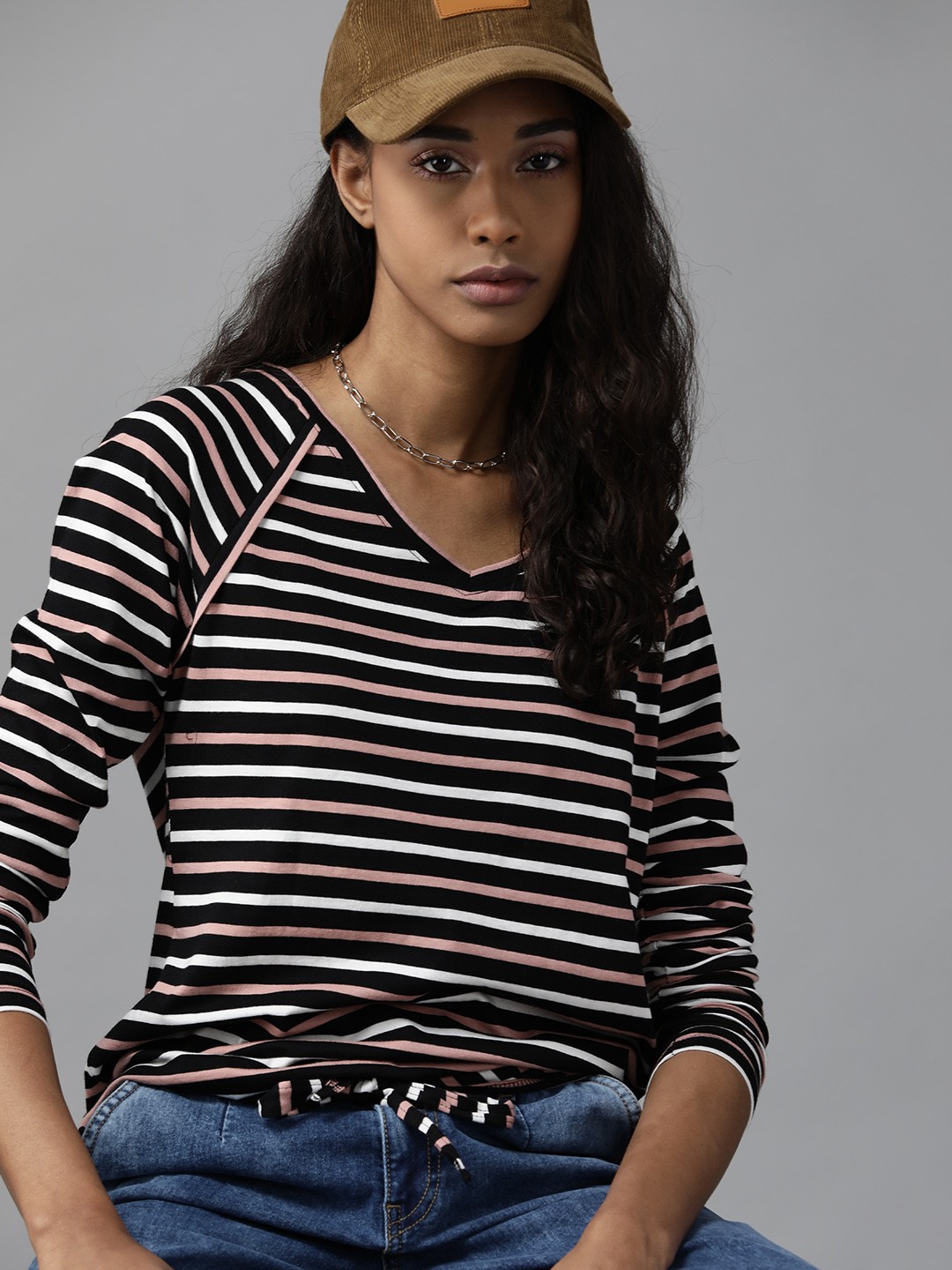 

Roadster Women Black & White Striped Pure Cotton T-shirt