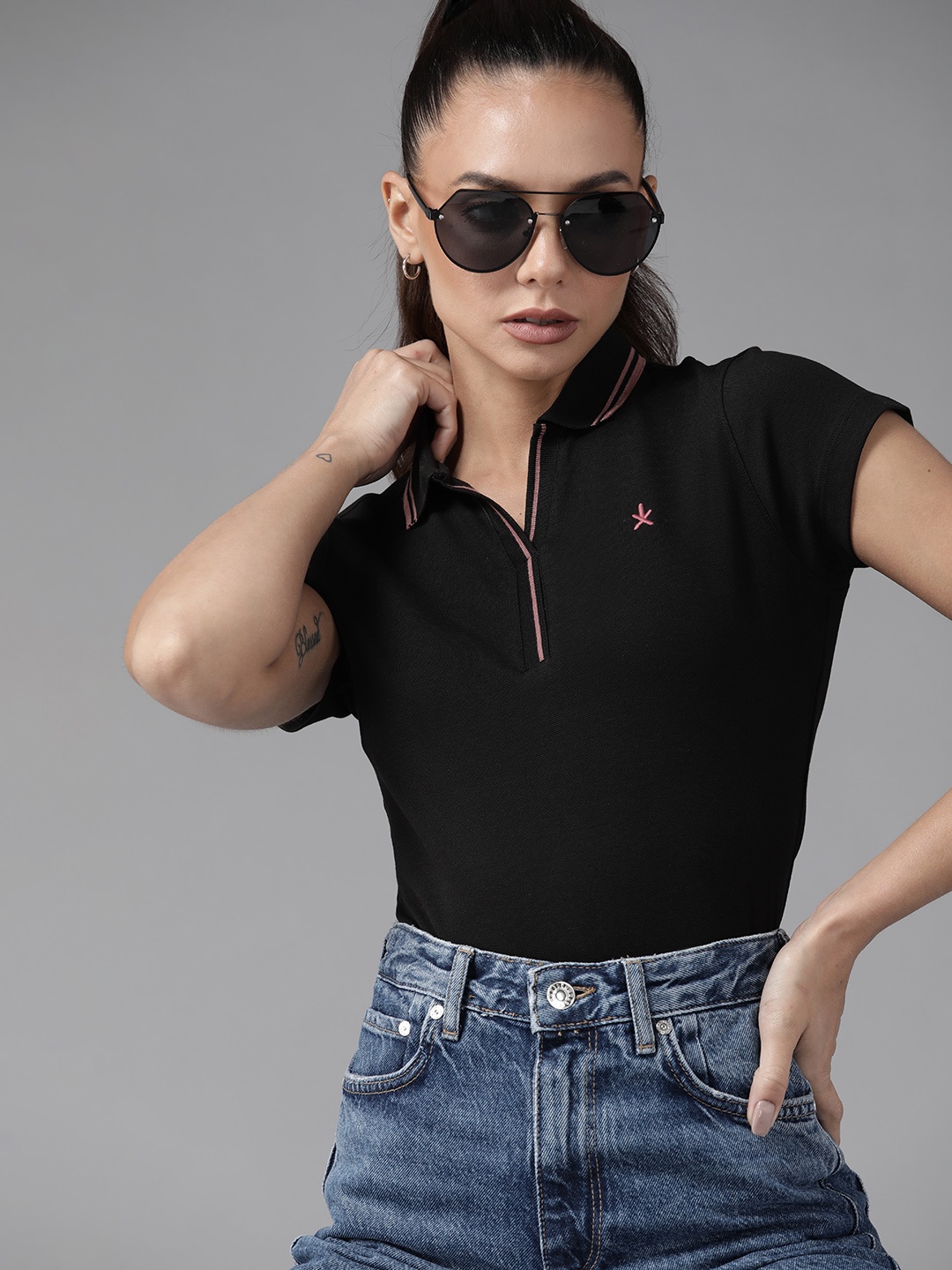 

Roadster Women Black & Pink Polo Collar T-shirt