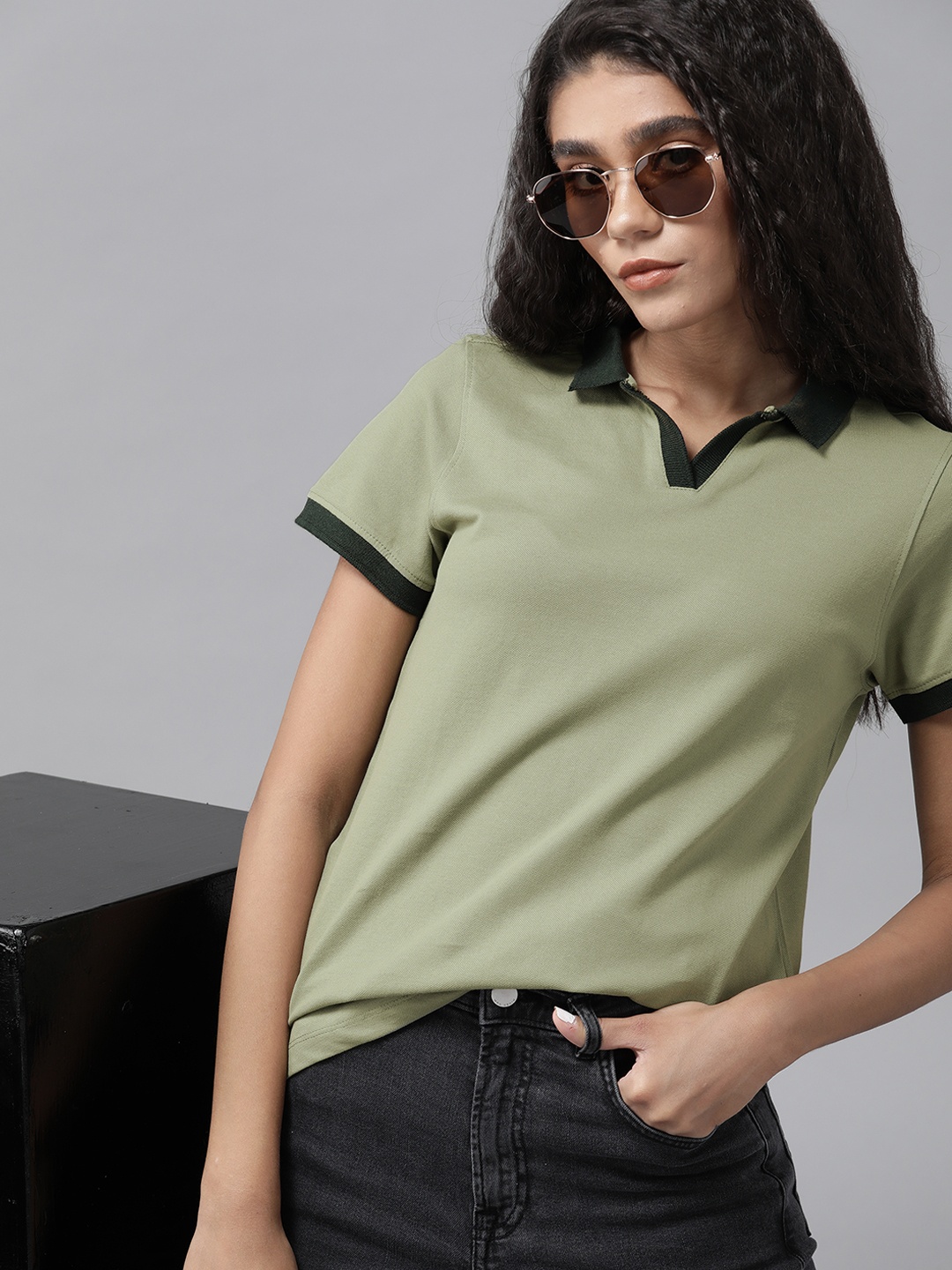 

Roadster Women Sage Green & Black Polo Collar T-shirt