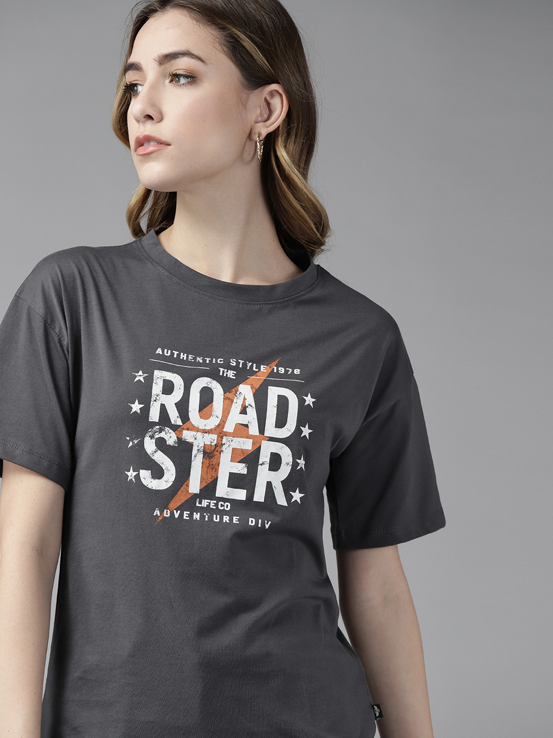 

Roadster Women Charcoal Grey Printed Drop-Shoulder Sleeves T-shirt
