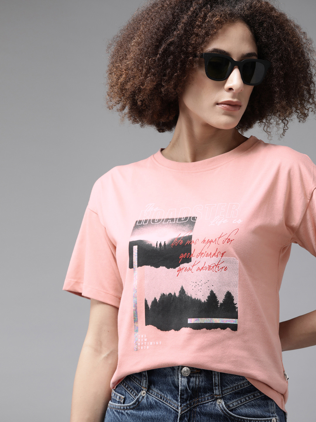 

Roadster Women Pink & Black Printed T-shirt