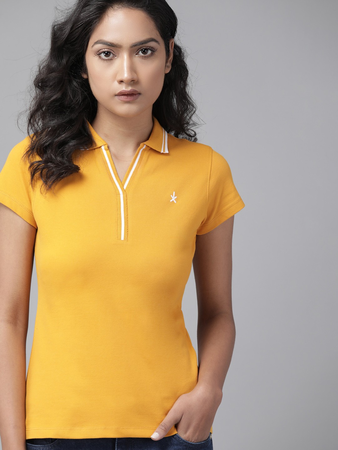

Roadster Women Mustard Yellow Polo Collar T-shirt