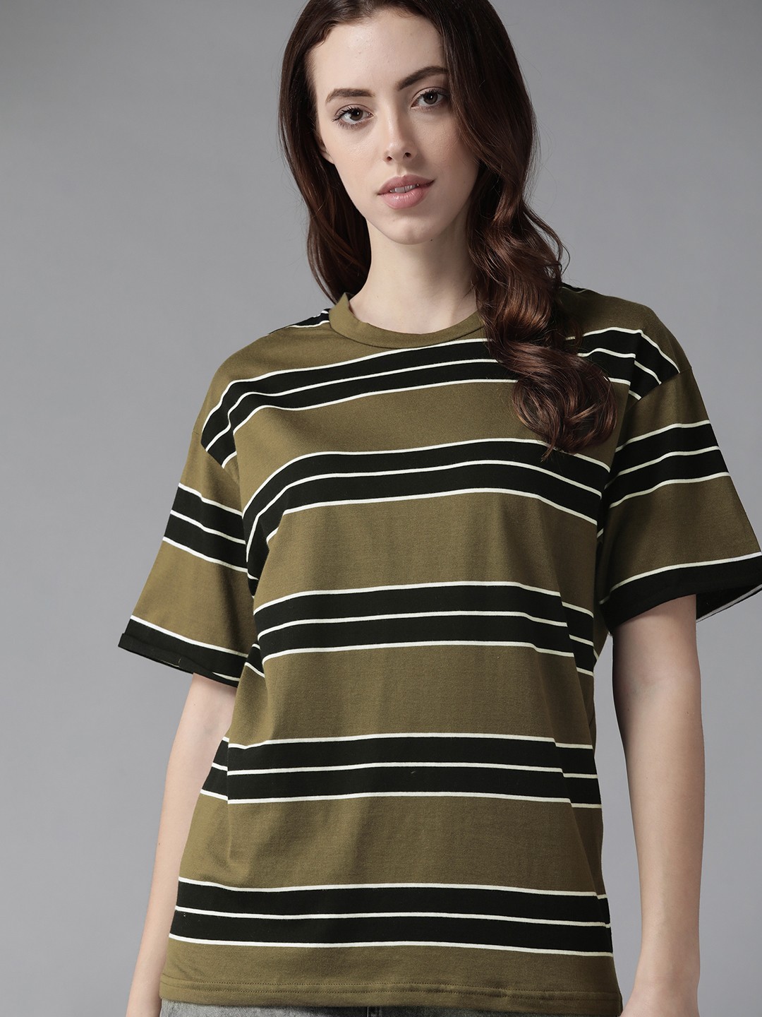 

Roadster Women Olive Green & Black Striped Pure Cotton Drop Shoulder T-shirt
