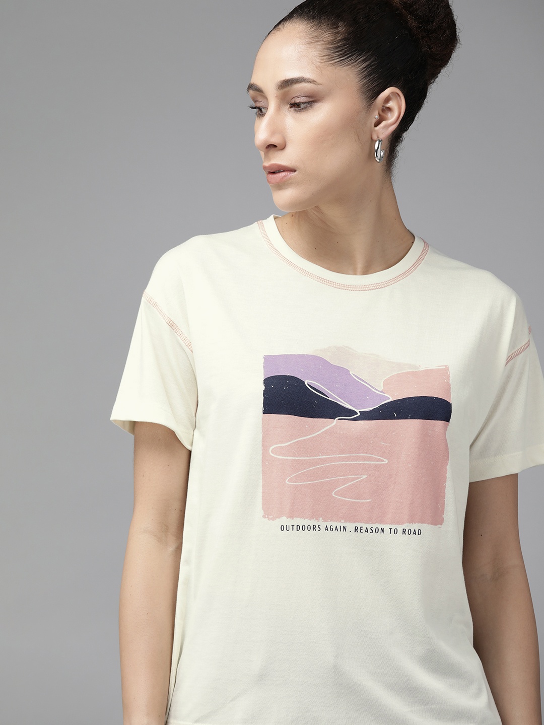 

Roadster Women Cream-Coloured & Peach-Coloured Printed Pure Cotton T-Shirt