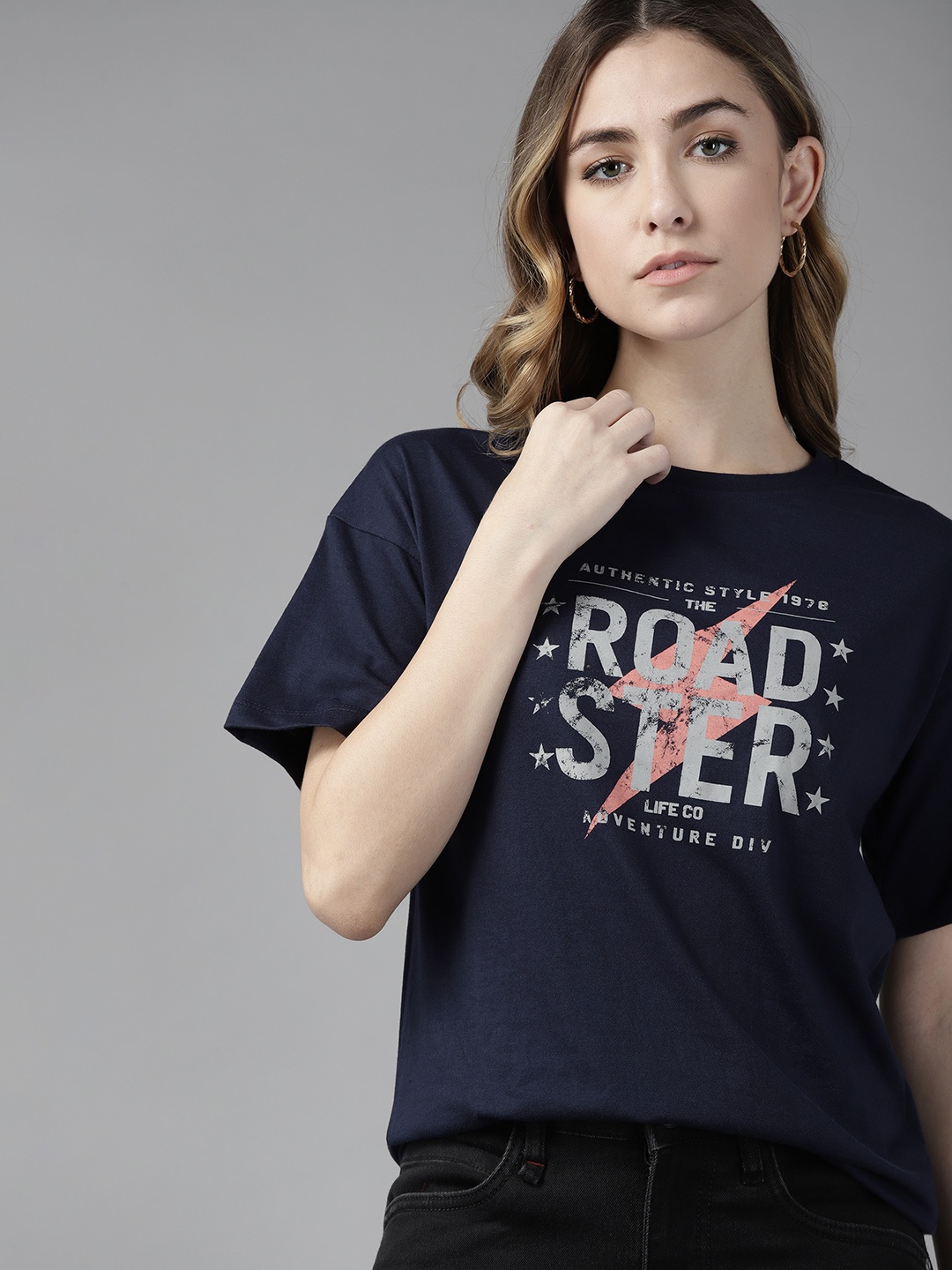 

Roadster Women Navy Blue Printed T-shirt