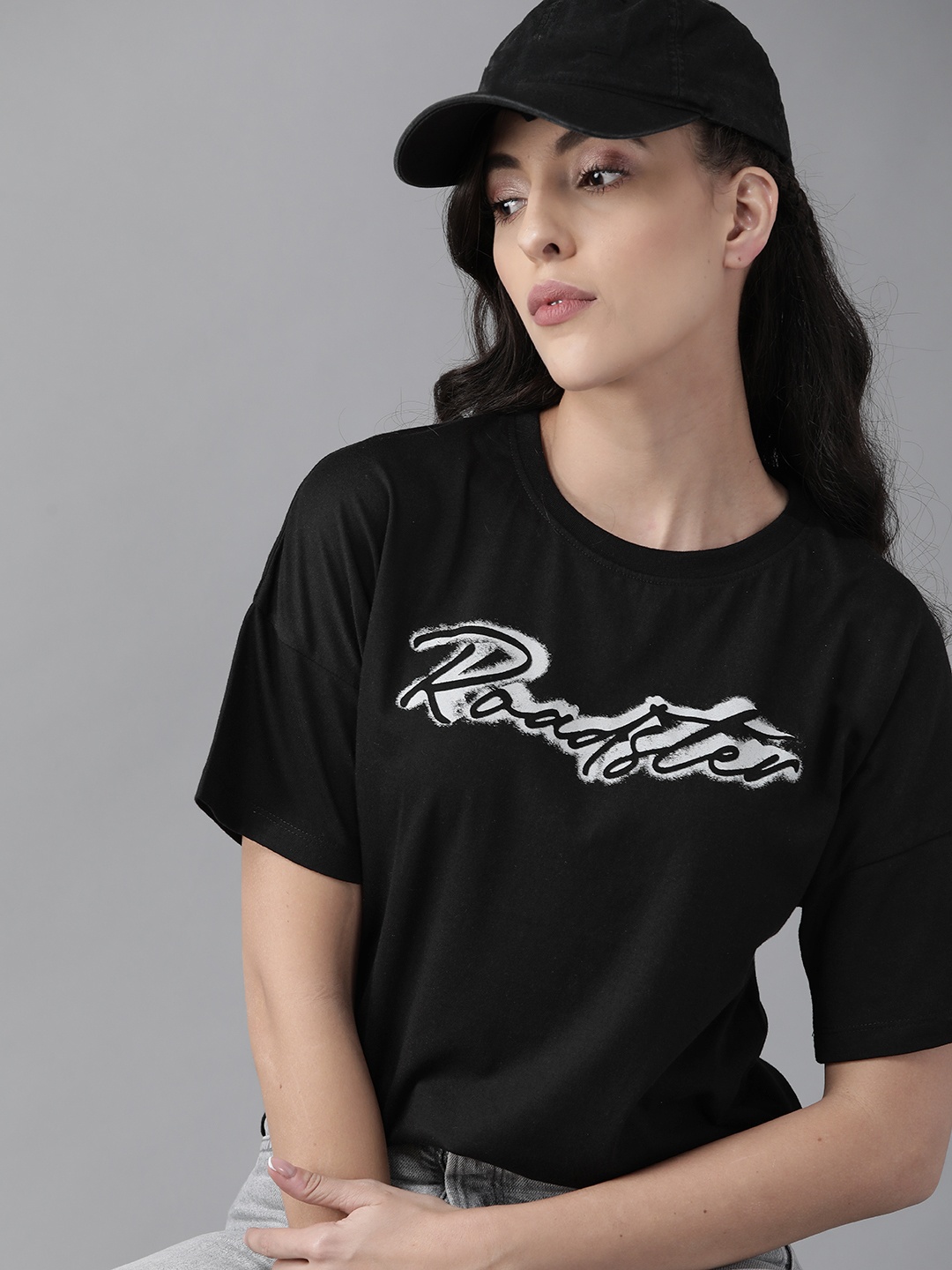 

Roadster Women Black Brand Logo Print T-shirt