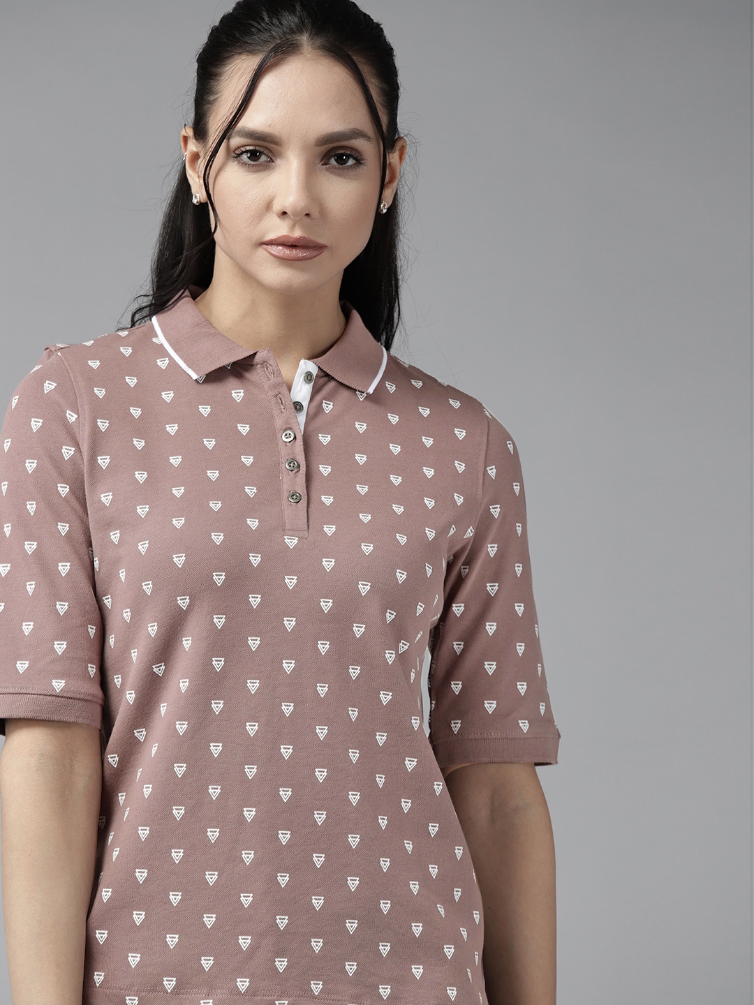 

Roadster Women Mauve & White Printed Polo Collar T-shirt