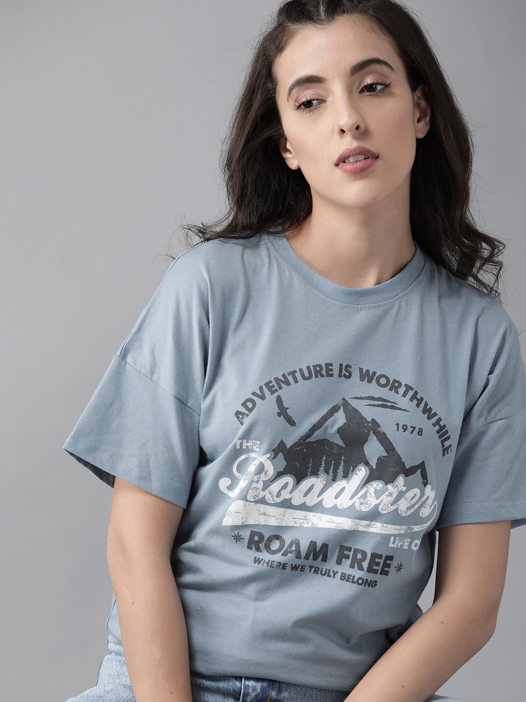 

Roadster Women Blue & Black Brand Logo Printed T-shirt