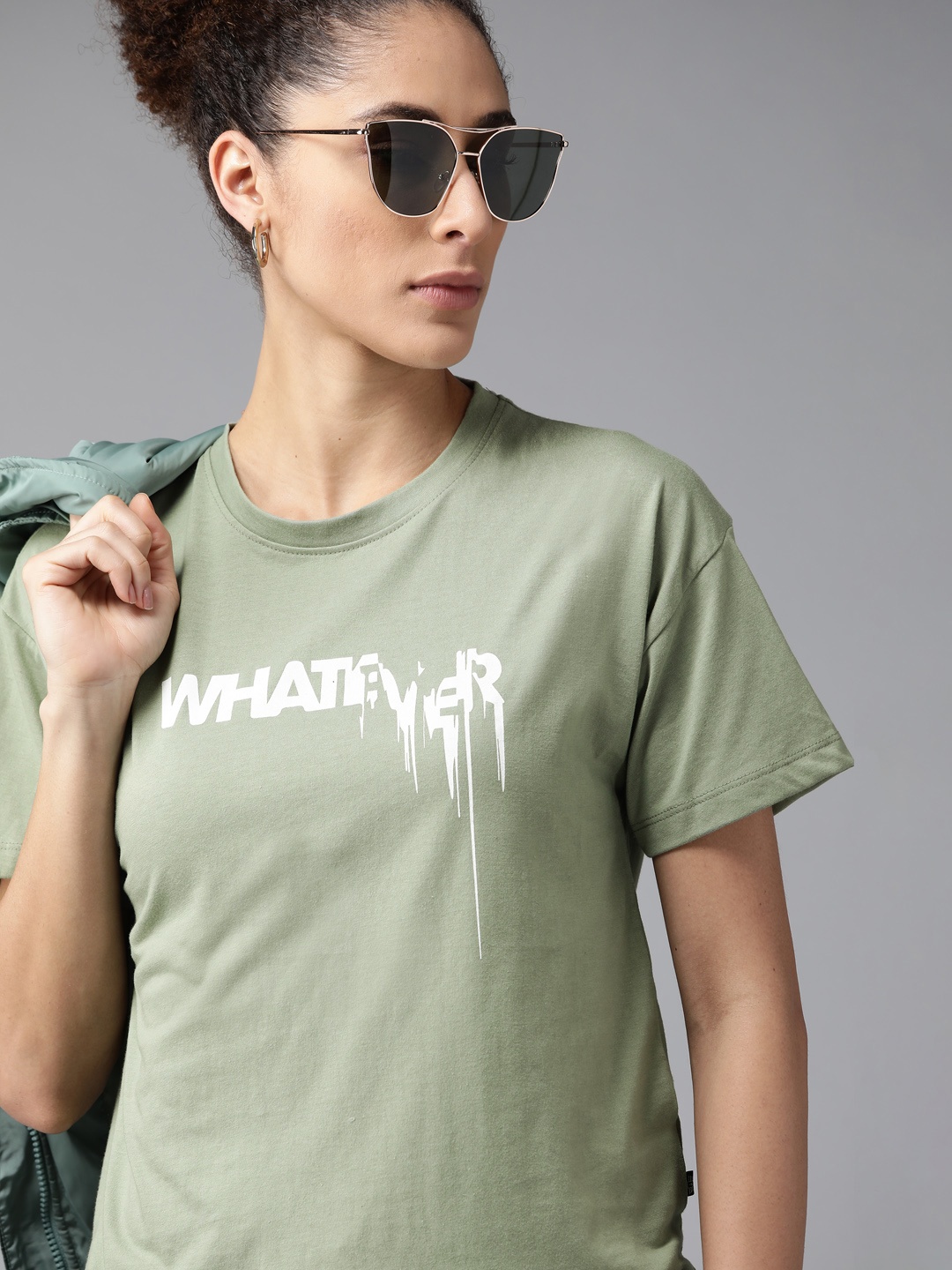 

Roadster Women Green & White Typography Printed Drop-Shoulder Sleeves Boxy Fit T-shirt