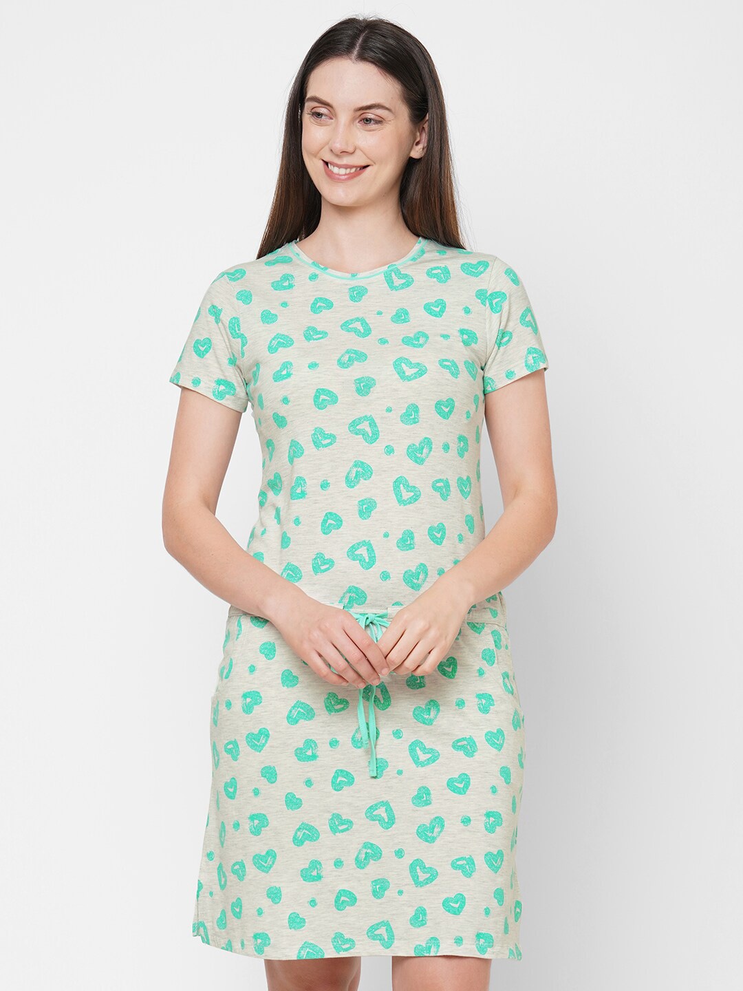

Sweet Dreams Beige Heart Shaped Printed Pure Cotton Nightdress