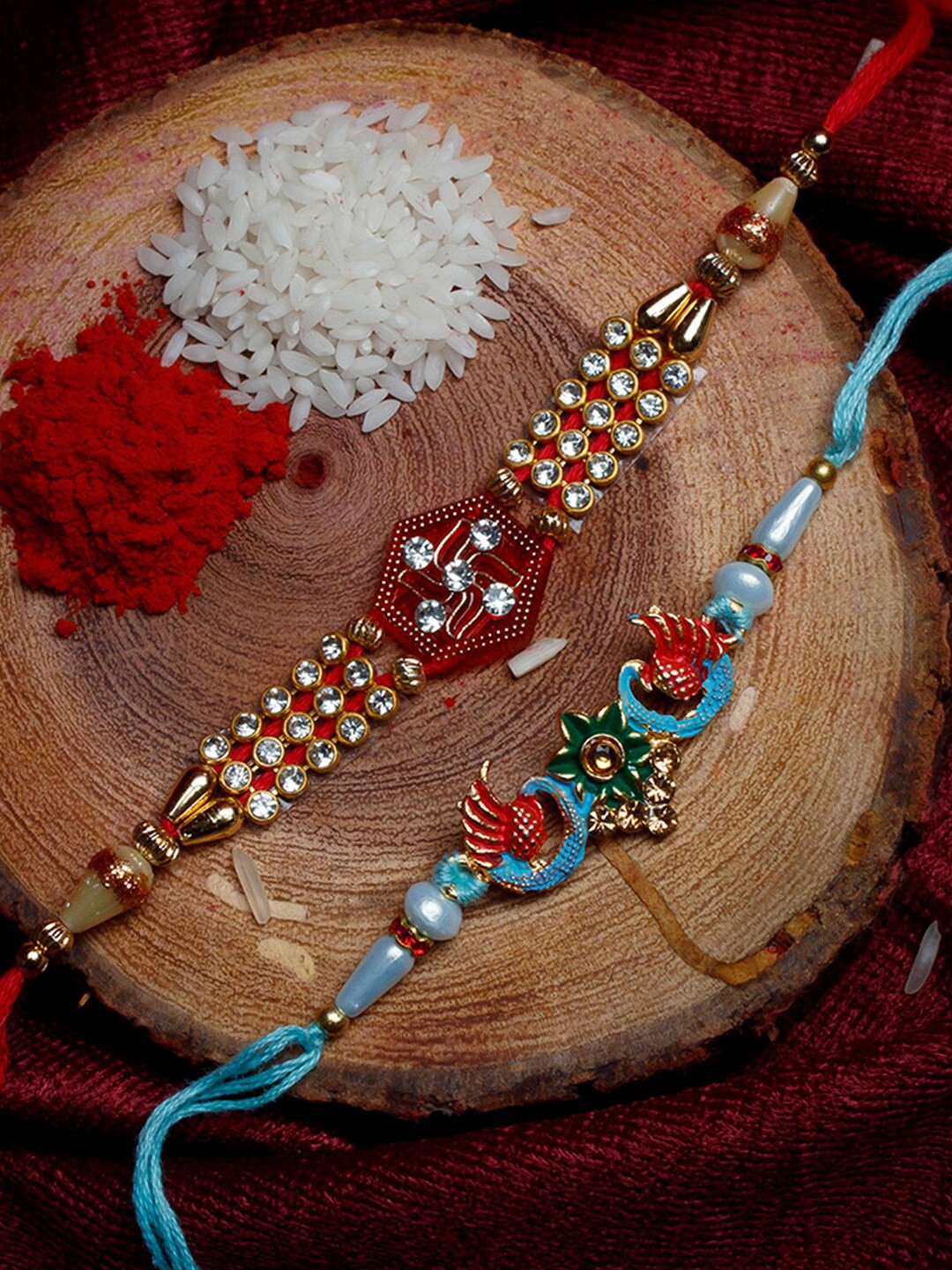

Shoshaa Set Of 2 Ethnic Red & Blue Thread Combo Bhai Rakhi