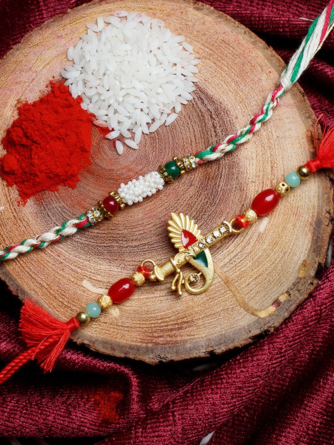 

Shoshaa Men Set Of 2 Gold-Toned & White Stone-Studded & Beaded Rakhi With Roli & Chawal