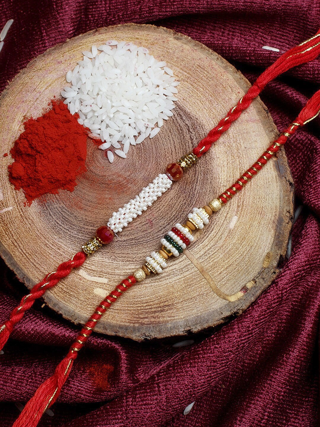 

Shoshaa Men Set Of 2 Red & White Beaded Ethnic Thread Rakhi With Roli Chawal