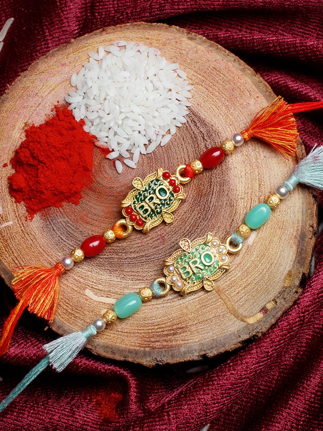 

Shoshaa Men Set Of 2 Stone-Studded & Beaded Rakhi With Roli & Chawal, Red