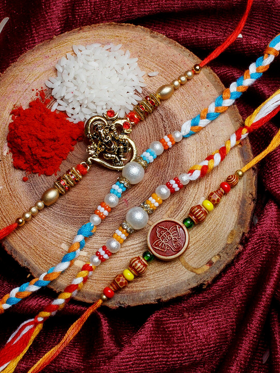 

Shoshaa Men Set Of 4 Pearl Beaded Ethnic Thread Handcrafted Rakhi With Roli Chawal, Red