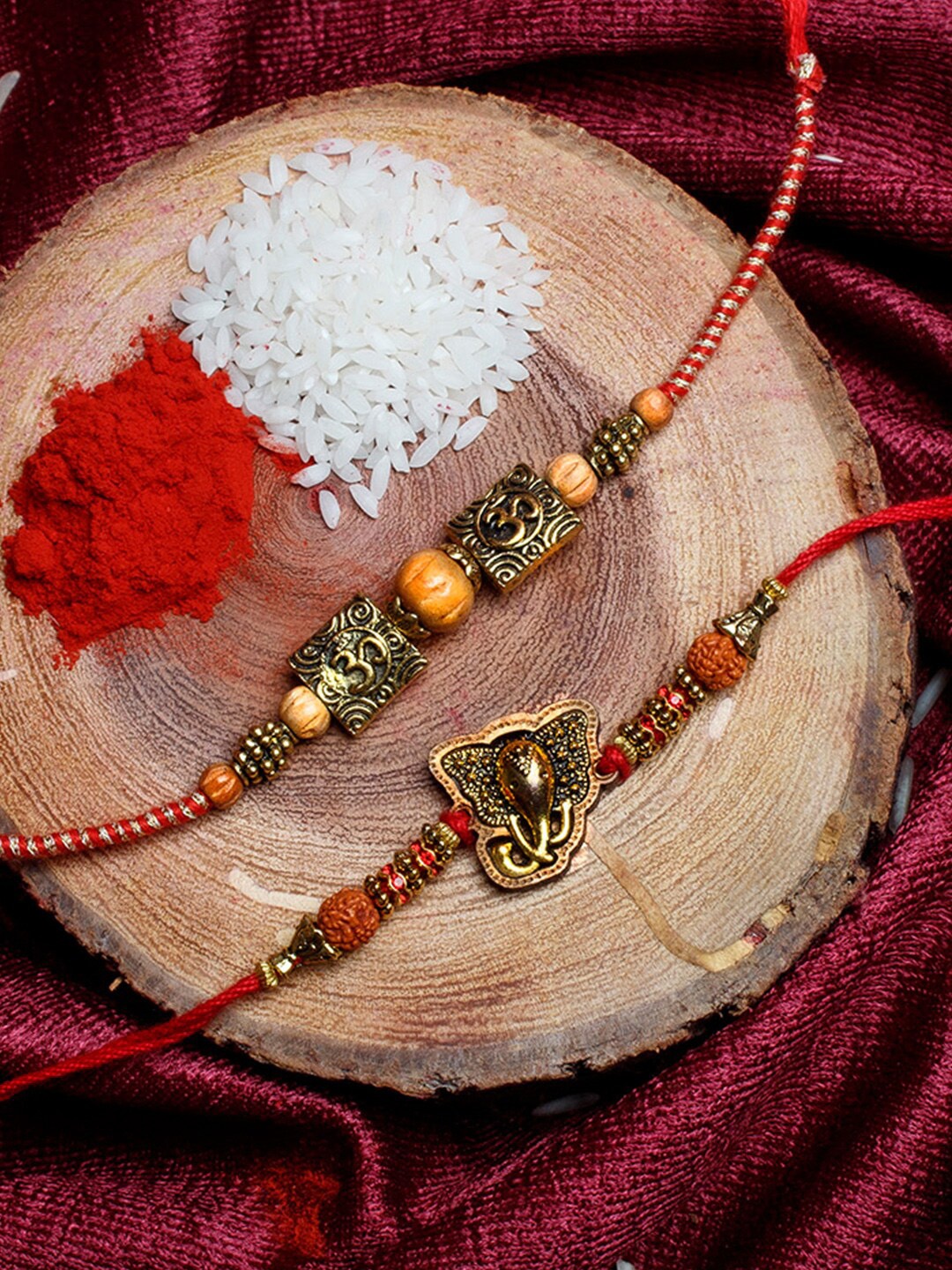 

Shoshaa Men Set Of 2 Brown & Gold-Toned Beaded Handcrafted Rakhi With Roli Chawal