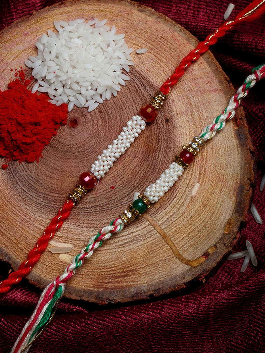 

Shoshaa Men Set Of 2 Stone-Studded & Beaded Rakhi With Roli & Chawal, White