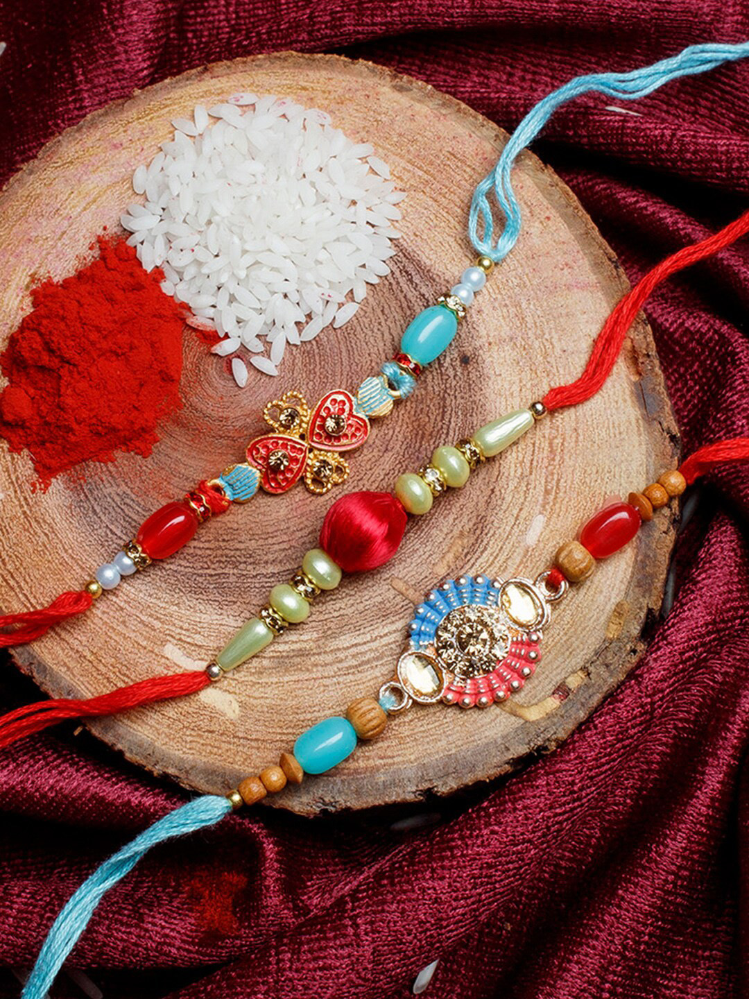 

Shoshaa Set Of 3 Red & Blue Stone Beaded Thread Combo Bhai Rakhi