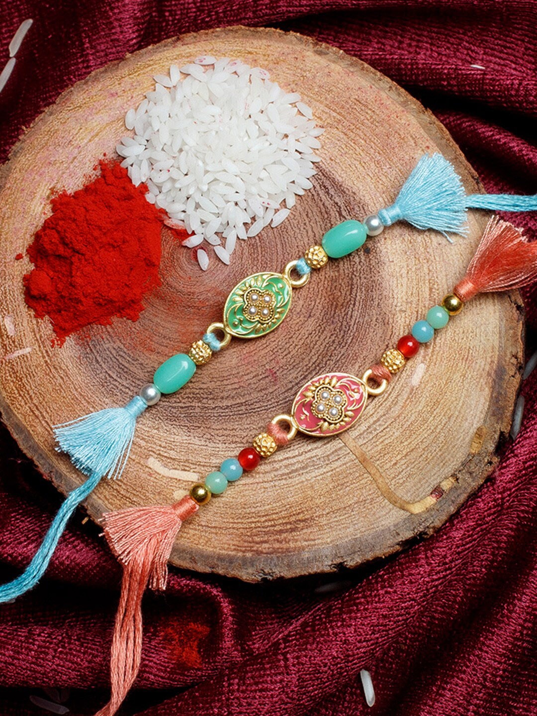 

Shoshaa Men Set Of 2 Stone-Studded & Beaded Thread Rakhi With Roli & Chawal, Peach