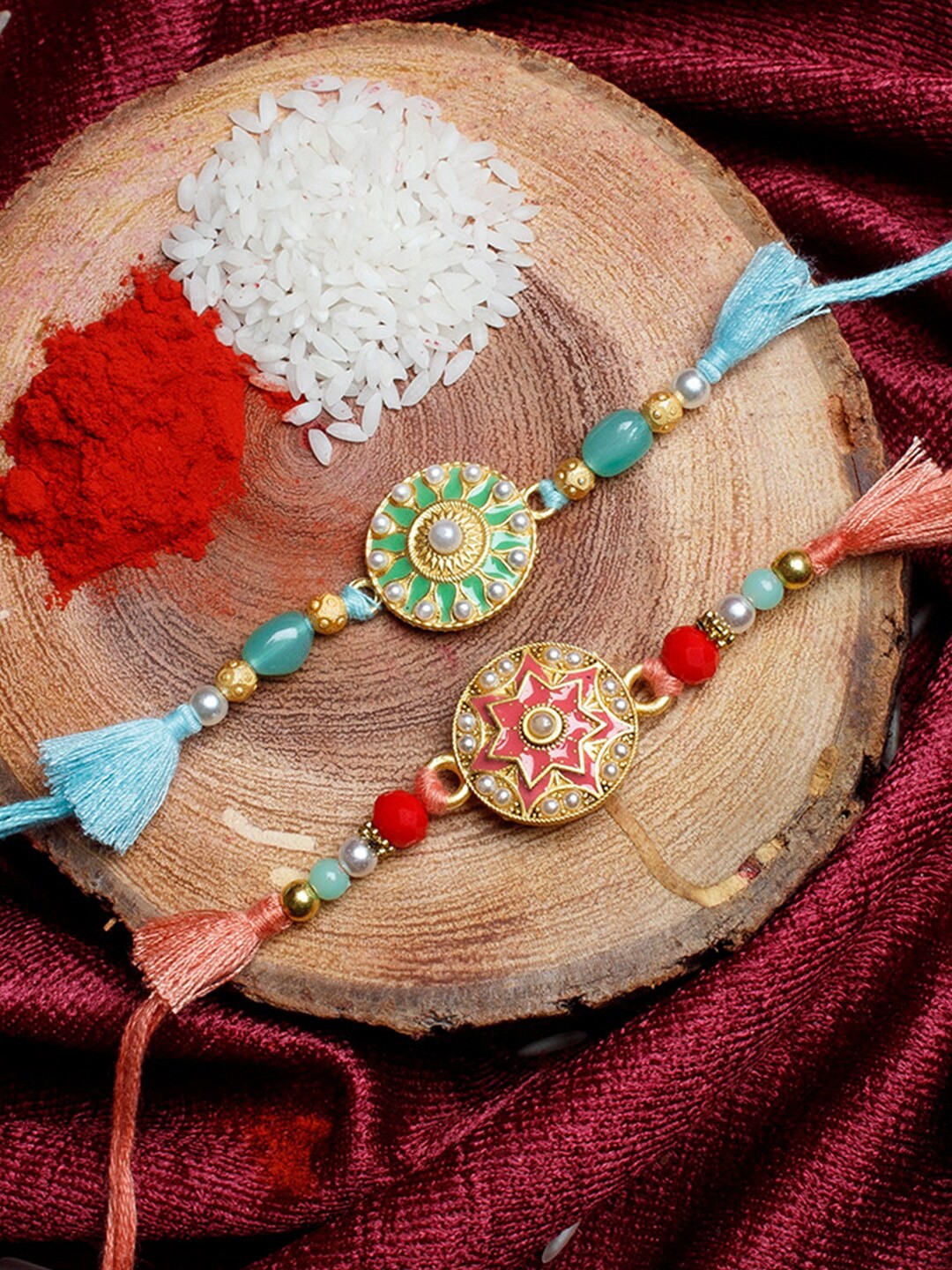 

Shoshaa Men Set Of 3 Turquoise Blue & Orange Thread Rakhi With Roli Chawal