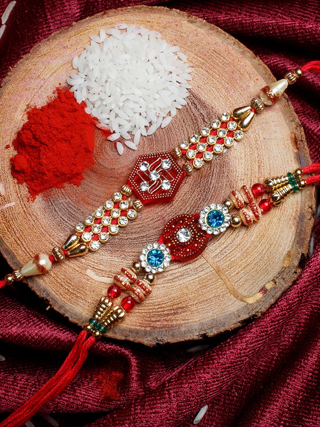

Shoshaa Set Of 2 Stone-Studded Beaded Red Thread Combo Bhai Rakhi