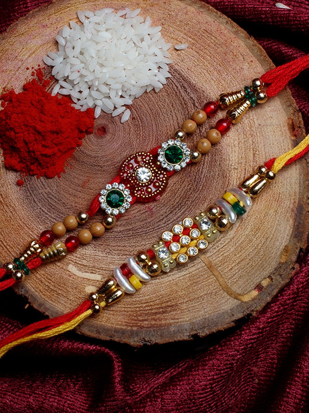 

Shoshaa Men Set Of 2 Red & Yellow Stone-Studded & Beaded Rakhi With Roli Chawal