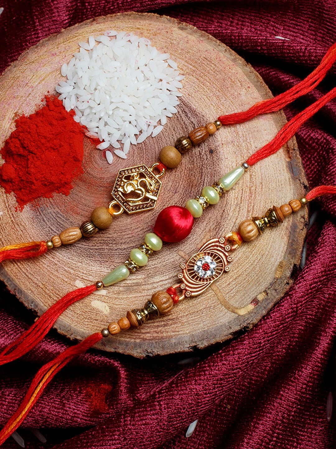 

Shoshaa Set Of 3 Stone & Beaded Red Thread Combo Bhai Rakhi
