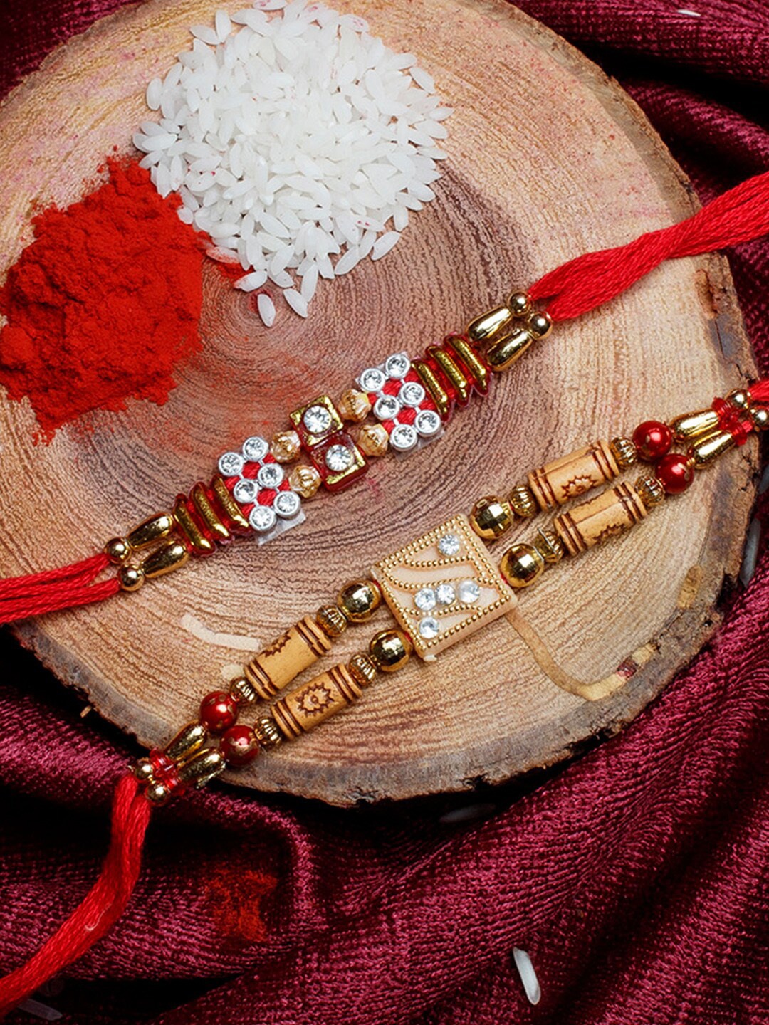 

Shoshaa Set Of 2 Stone-Studded Beaded Yellow & Red Thread Combo Bhai Rakhi