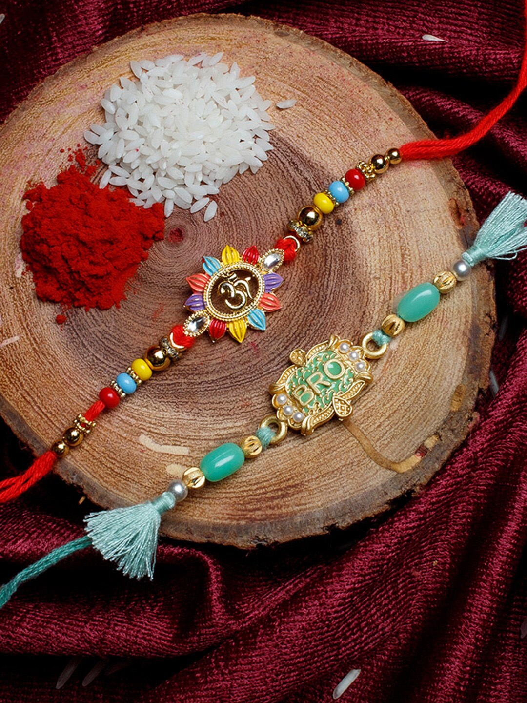 

Shoshaa Set Of 2 BRO Beaded Red Thread Combo Bhai Rakhi, Green