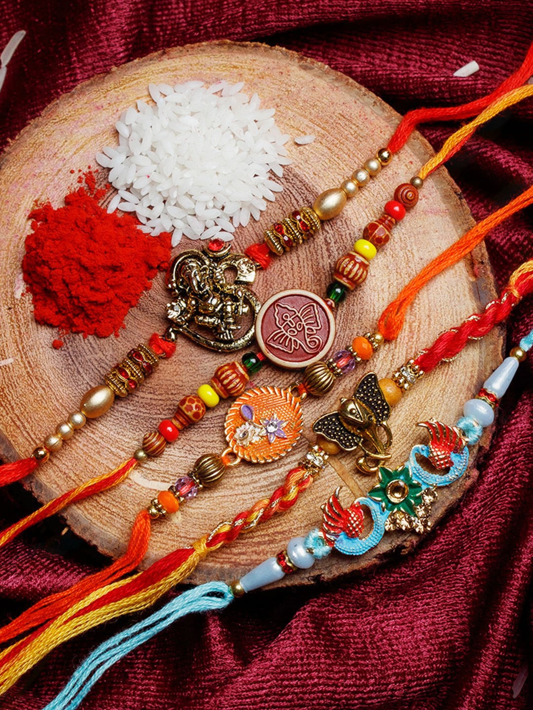 

Shoshaa Men Set Of 5 Red & Yellow Thread Rakhi With Roli Chawal