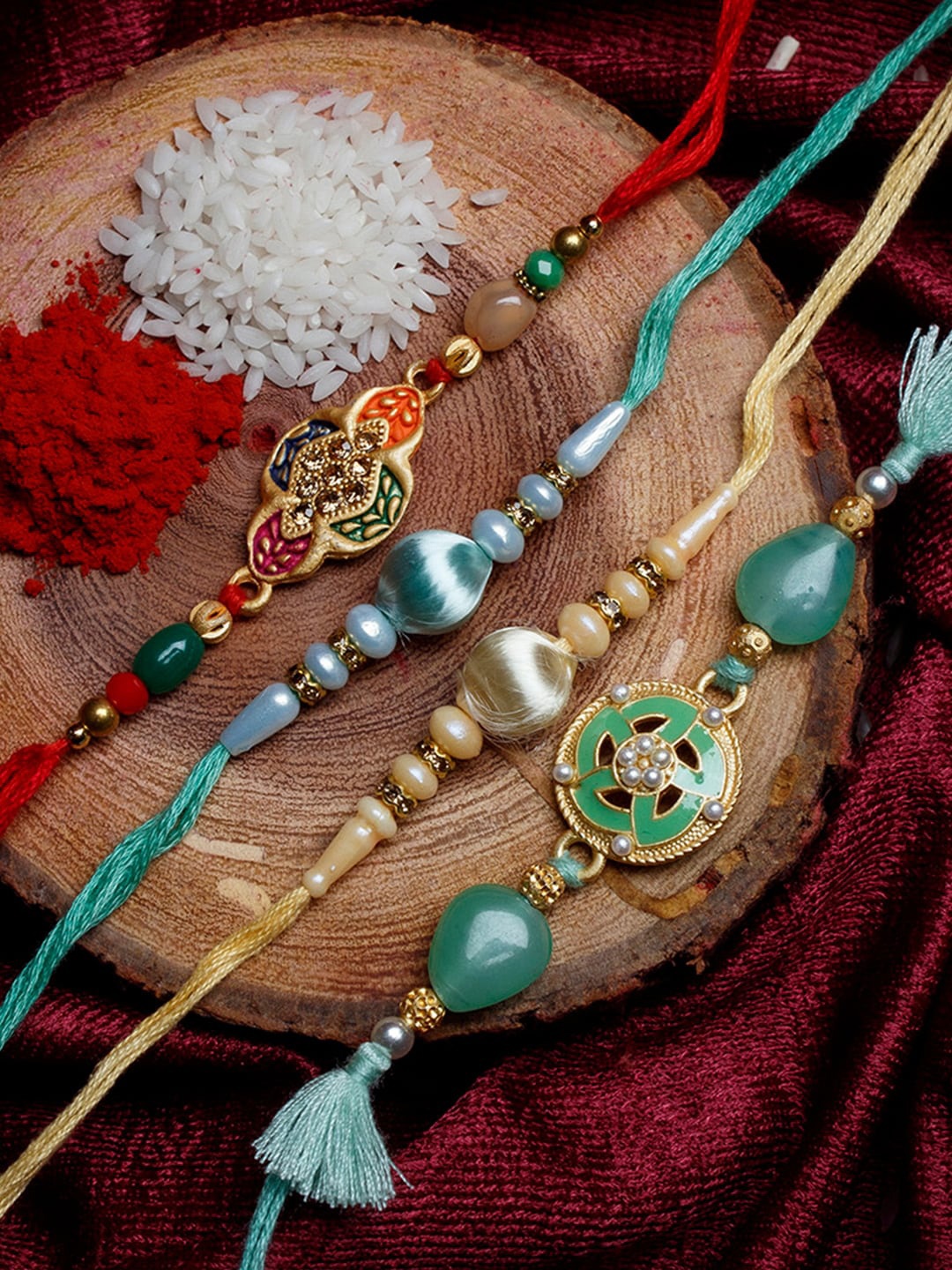 

Shoshaa Men Set Of 4 Turquoise Blue & Red Stone-Studded & Beaded Rakhi With Roli & Chawal