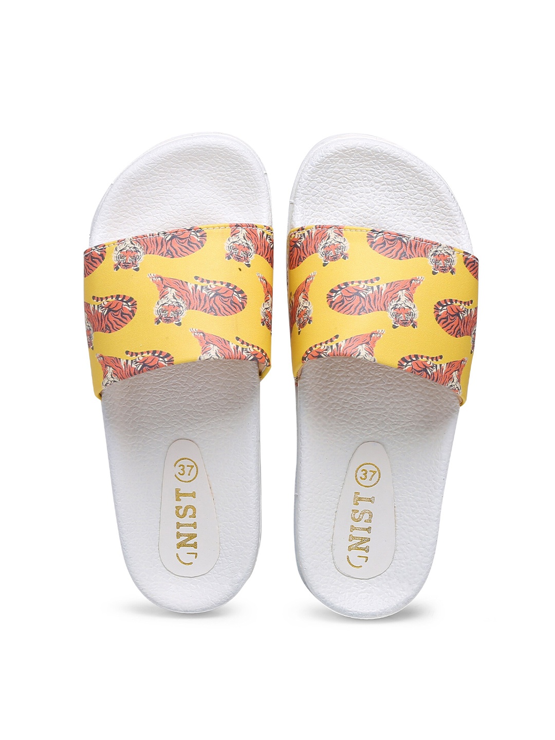 

GNIST Women White & Yellow Printed Sliders