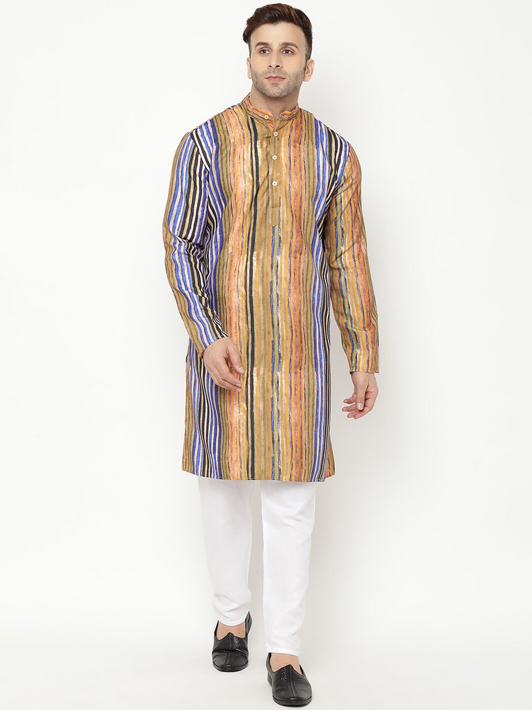 

Hangup Men Brown Striped Kurta with Pyjamas