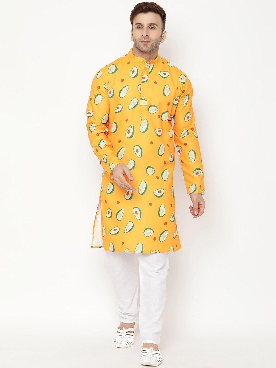

Hangup Men Yellow Ethnic Motifs Printed Kurta with Pyjamas