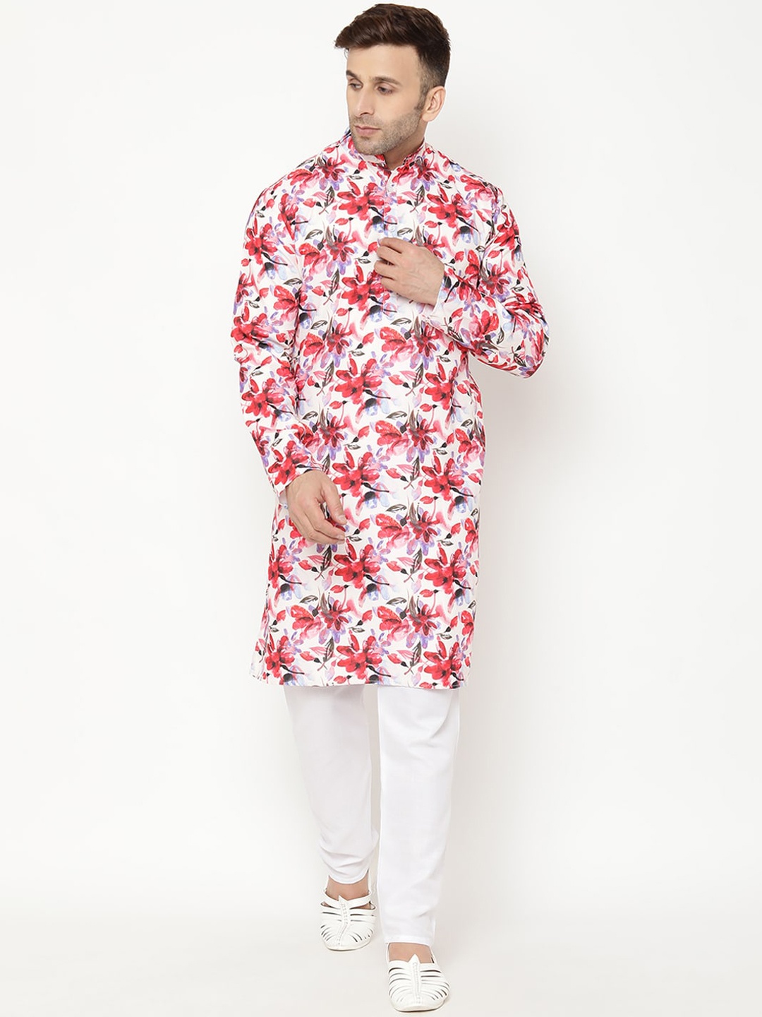 

Hangup Men Red Floral Printed Kurta with Pyjamas