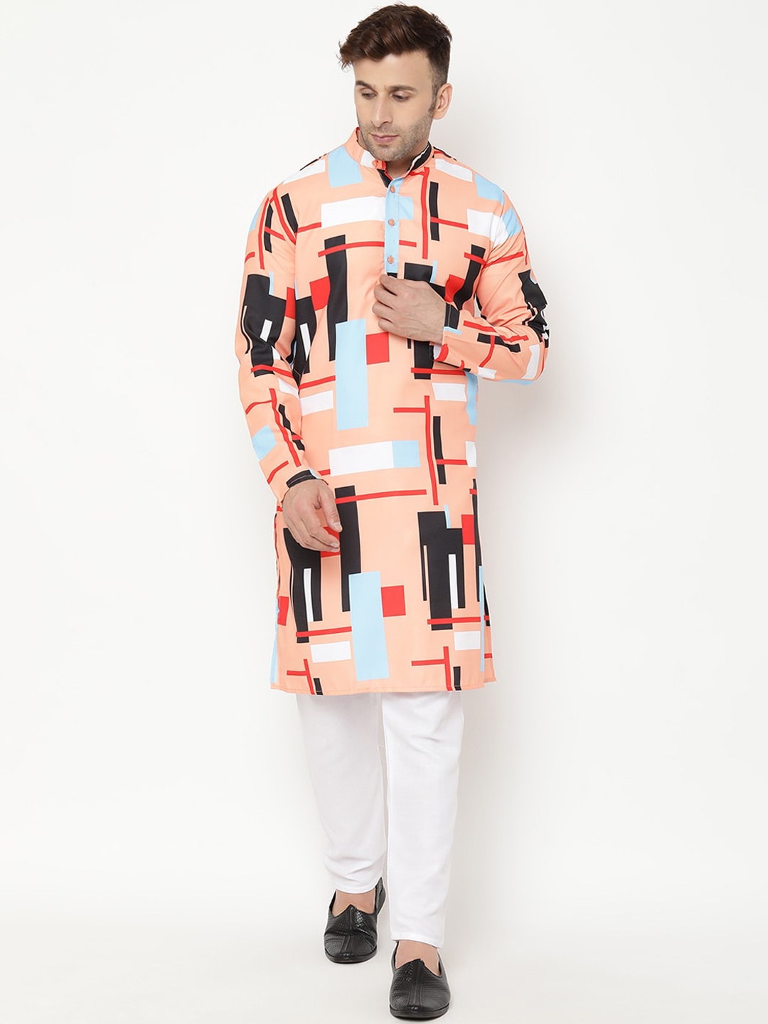 

Hangup Men Orange Printed Kurta with Churidar