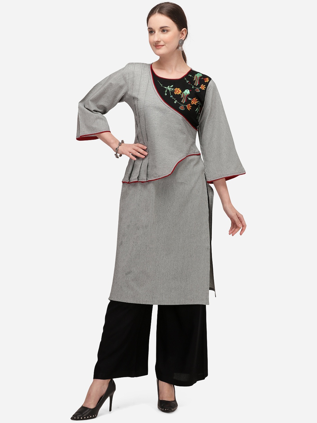 

Youthnic Women Grey Striped Embroidered Kurta