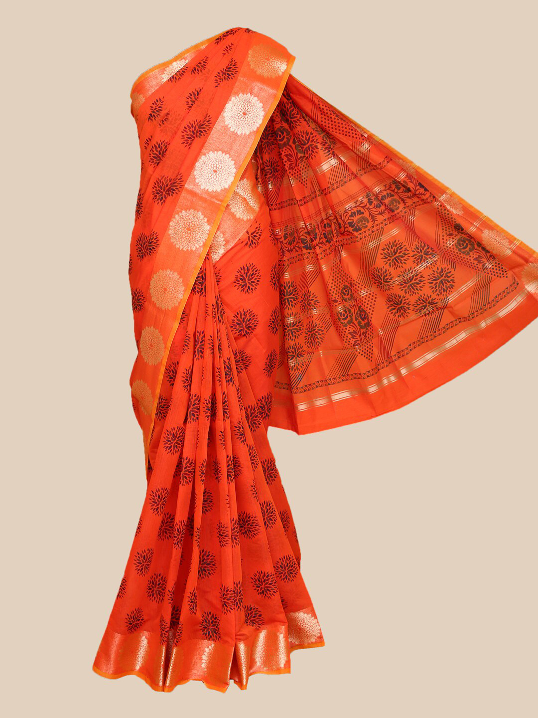 

The Chennai Silks Orange & Green Floral Fusion Chanderi Saree