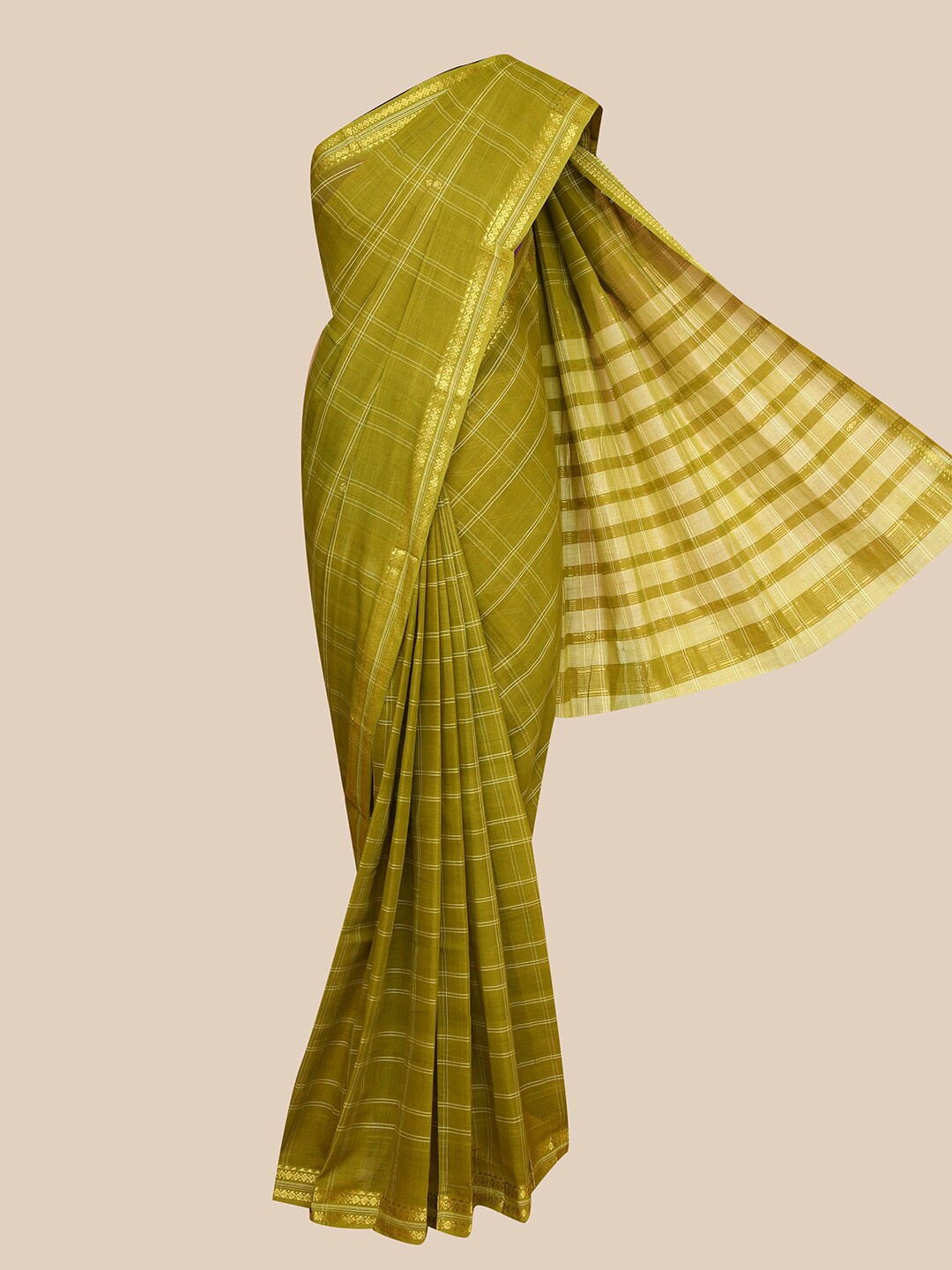 

The Chennai Silks Olive Green & Gold Checked Zari Pure Cotton Saree