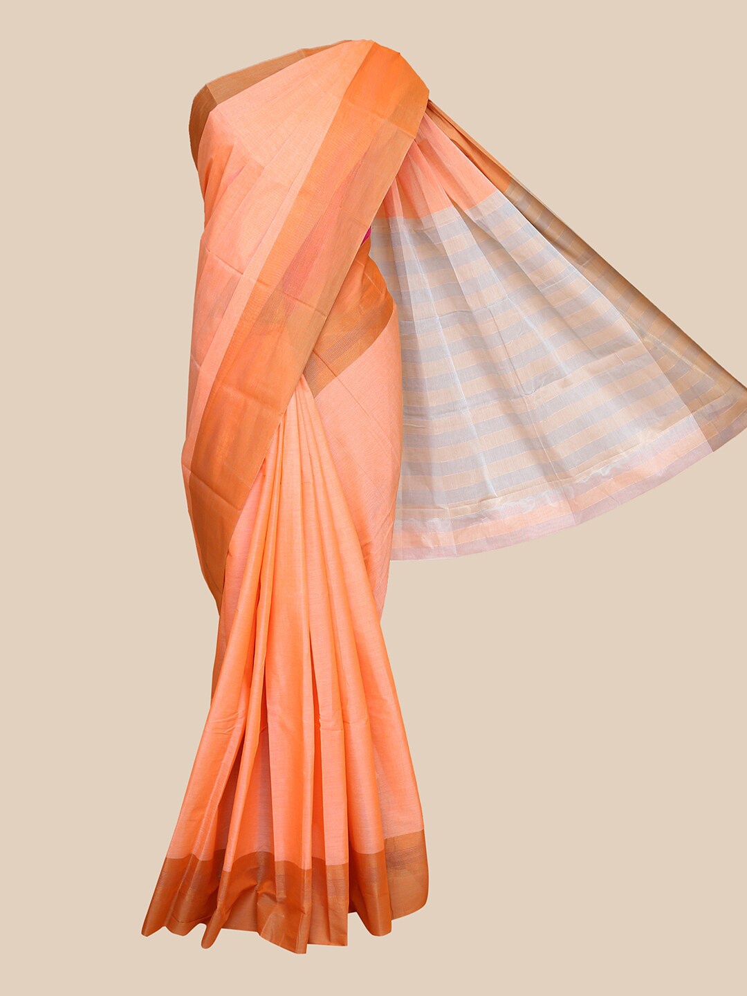 

The Chennai Silks Peach-Coloured & Silver Silk Cotton Maheshwari Saree