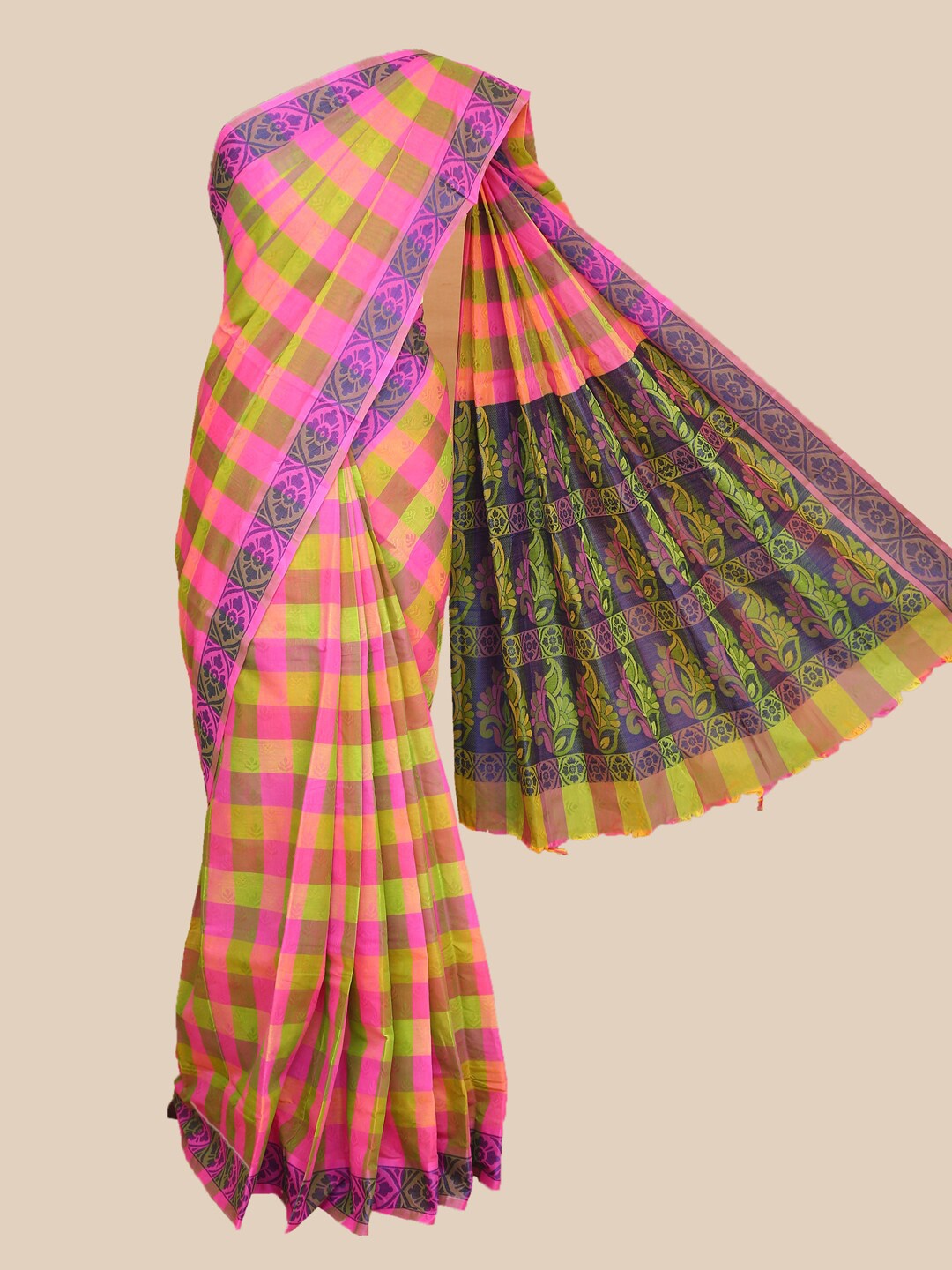 

The Chennai Silks Lime Green & Pink Checked Pure Cotton Kovai Saree