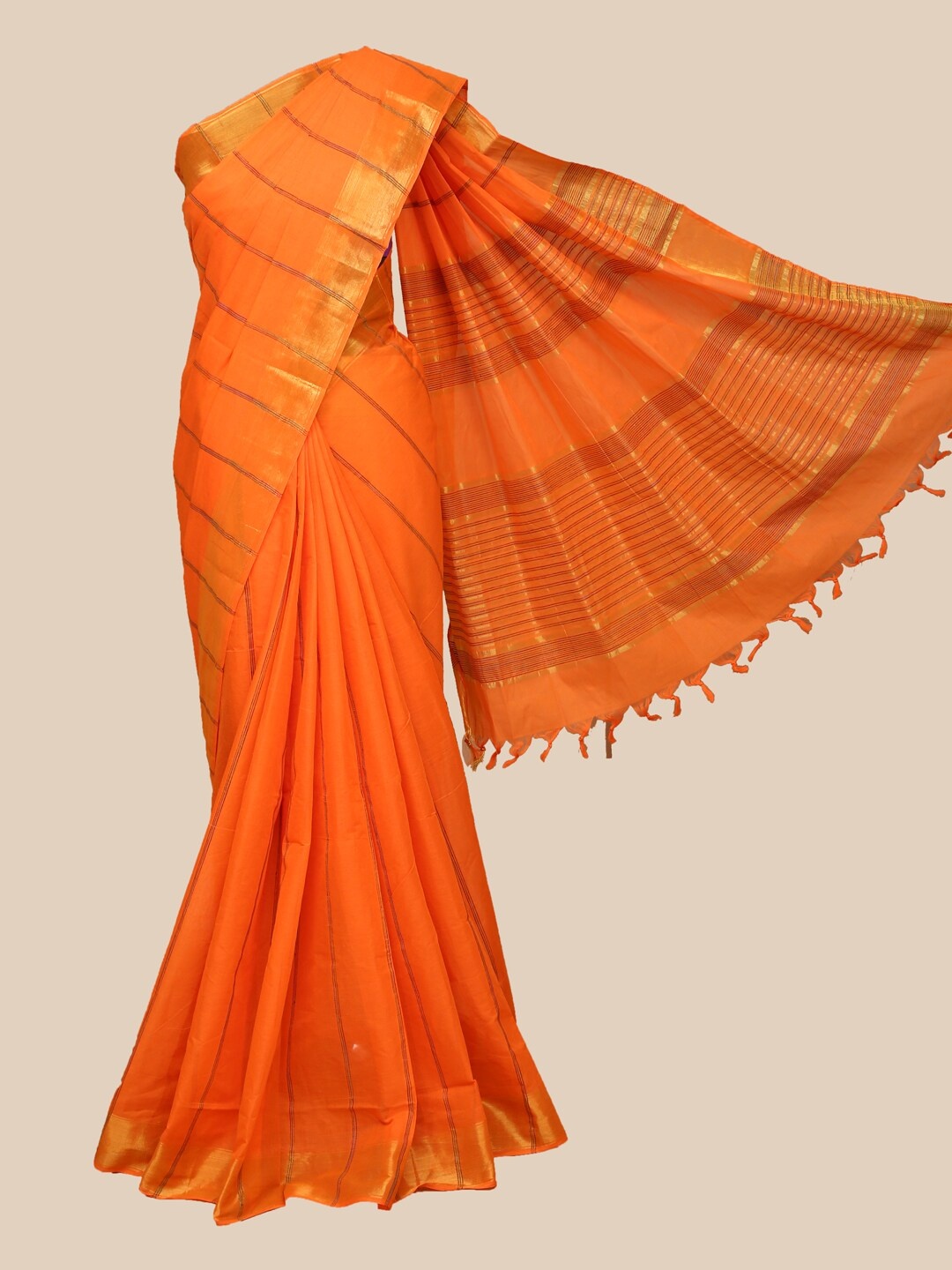 

The Chennai Silks Orange & Gold Striped Zari Border Saree