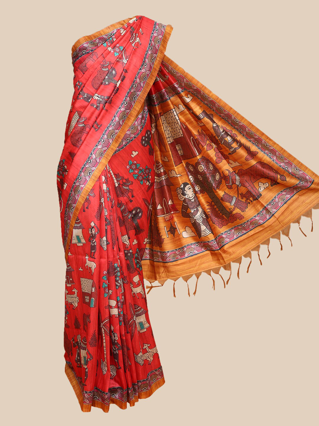 

The Chennai Silks Red & Mustard Yellow Warli Printed Saree