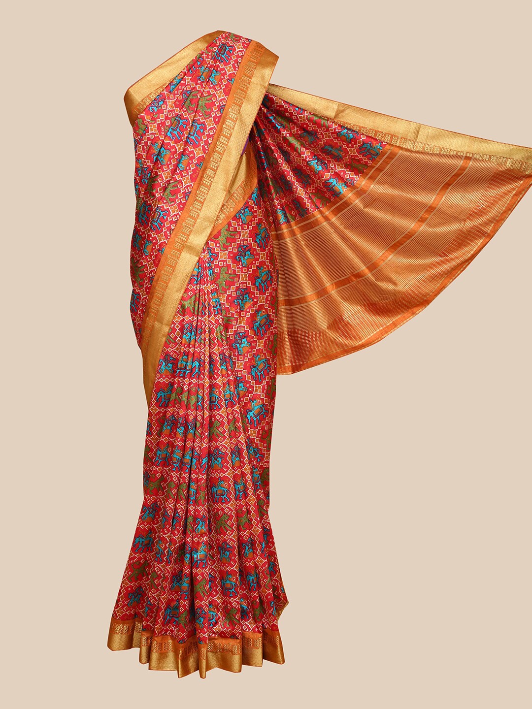 

The Chennai Silks Red & Gold Ethnic Motifs Printed Chanderi Saree
