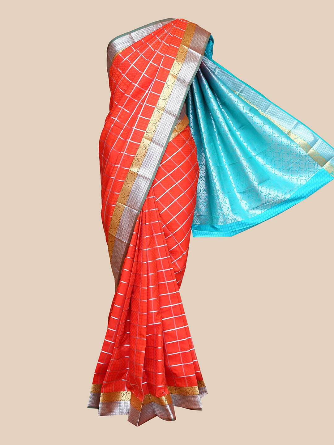 

The Chennai Silks Orange & Silver-Toned Checked Art Silk Saree