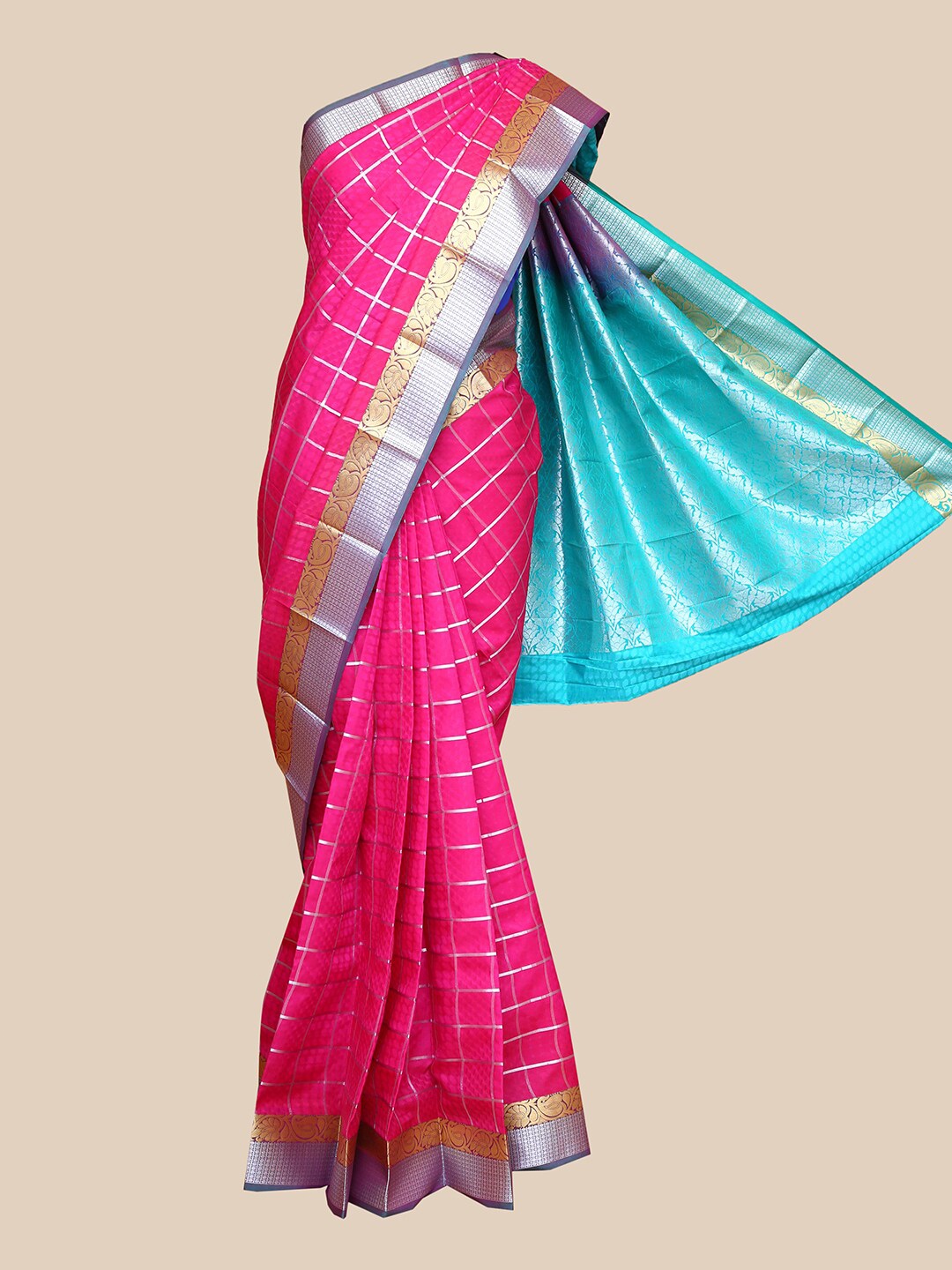 

The Chennai Silks Pink & Gold-Toned Checked Zari Art Silk Saree