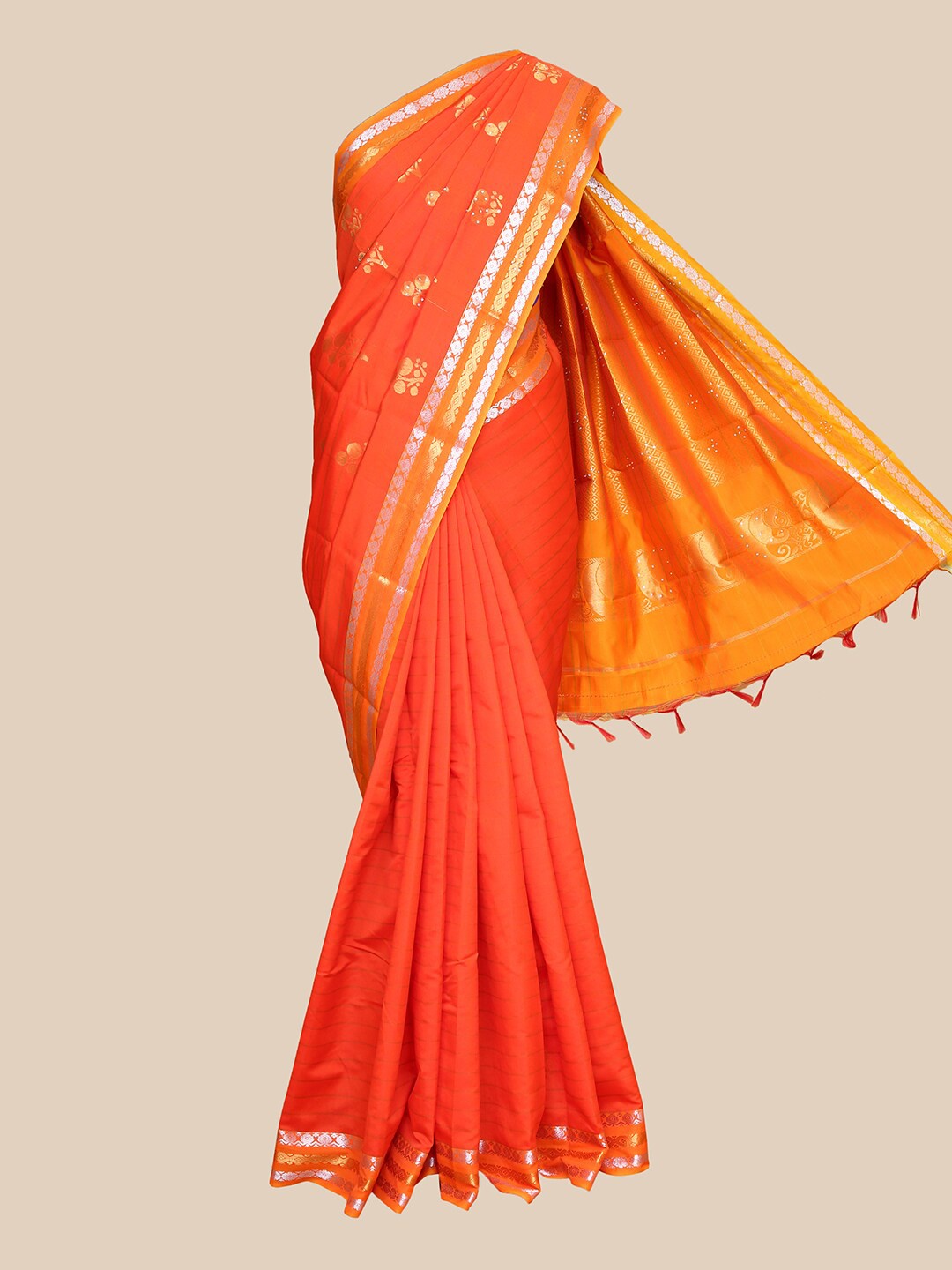 

The Chennai Silks Orange & Gold-Toned Floral Zari Art Silk Saree