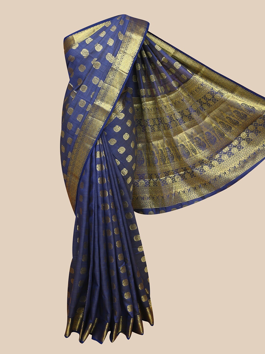 

The Chennai Silks Navy Blue & Gold-Toned Ethnic Motifs Zari Jute Cotton Saree