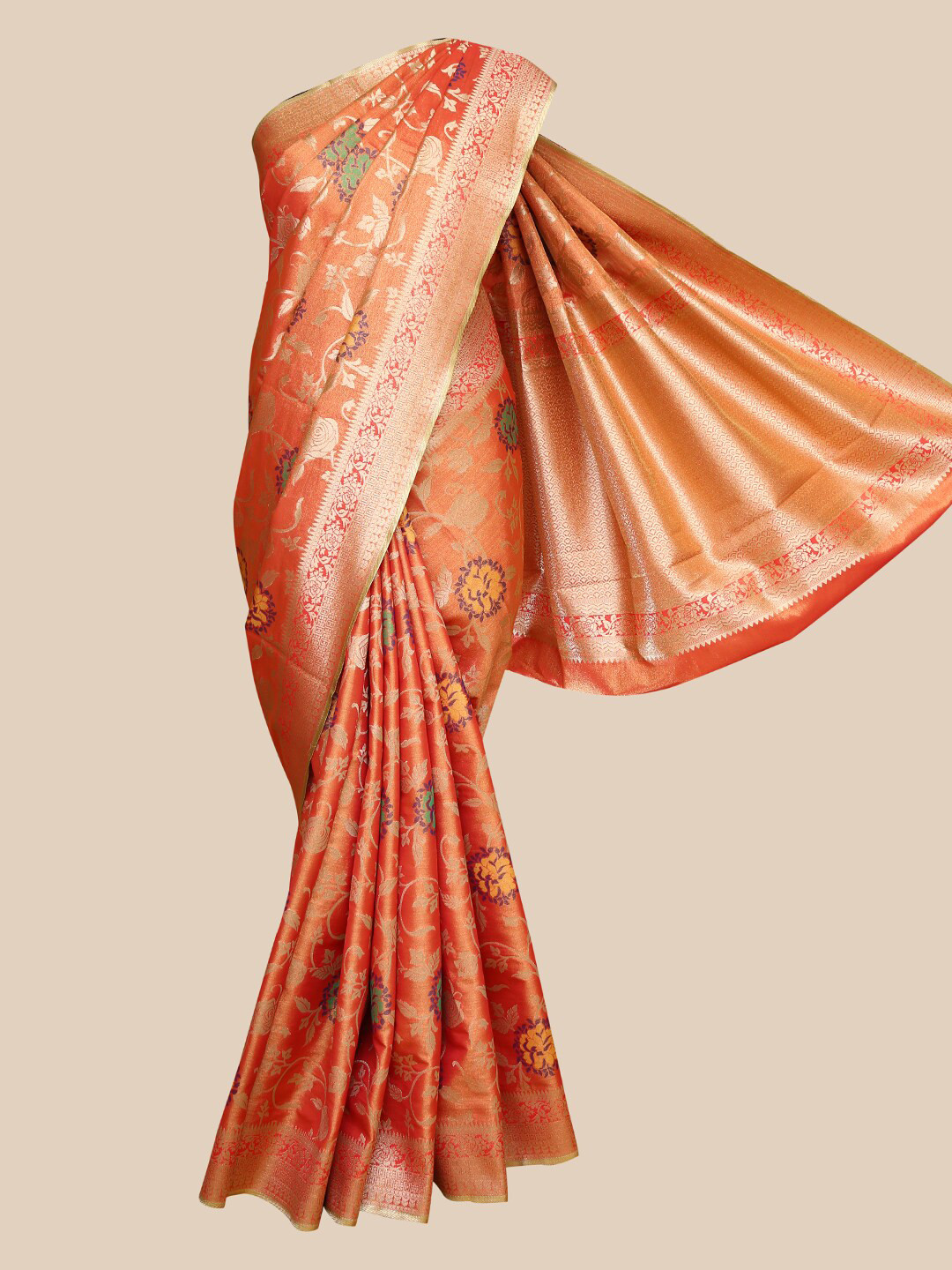 

The Chennai Silks Orange & Gold-Coloured Floral Zari Silk Blend Banarasi Patola Saree